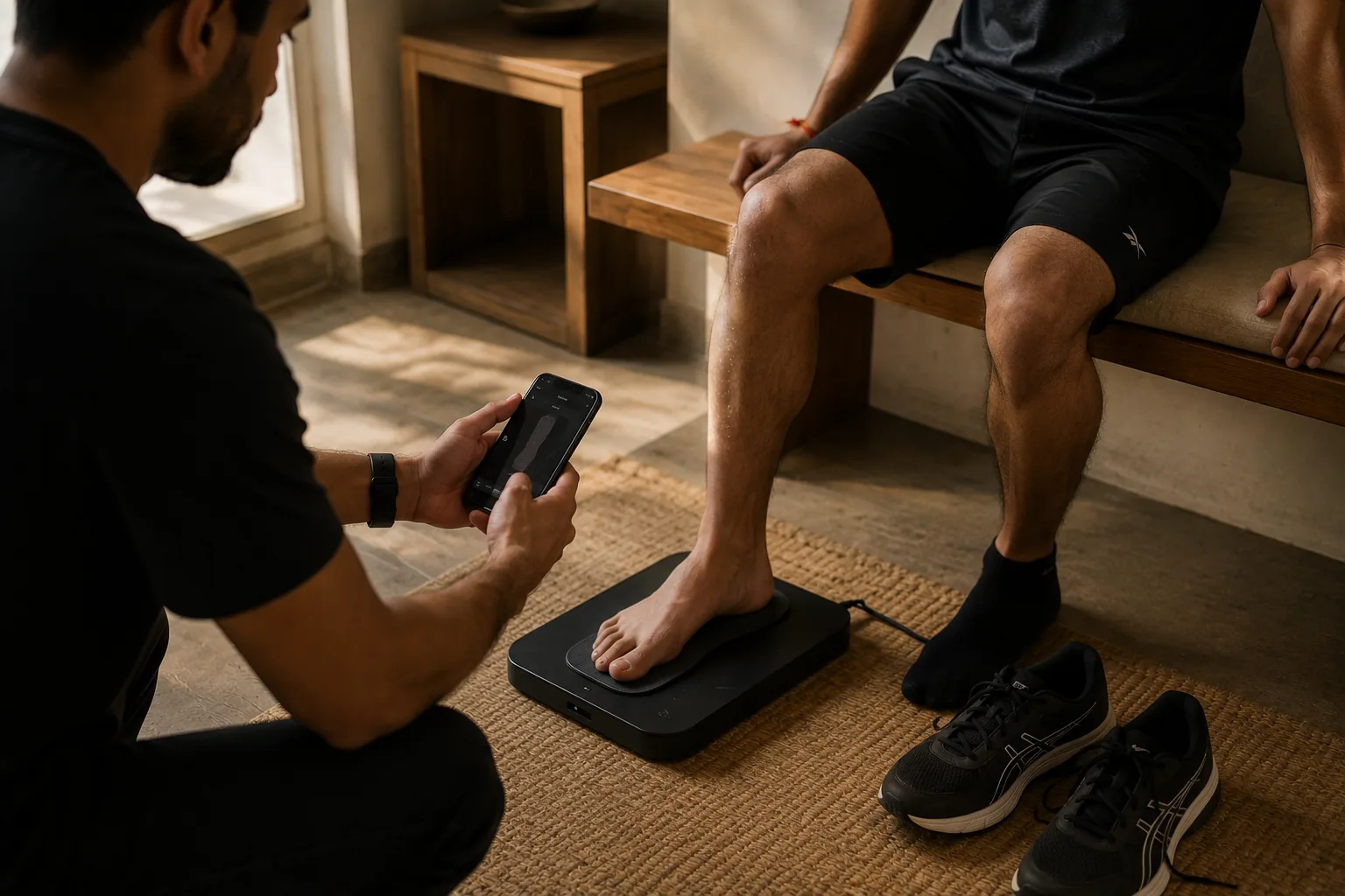 A Mercuro team member scanning a customer's foot in person using an iPhone-based 3D scanning setup