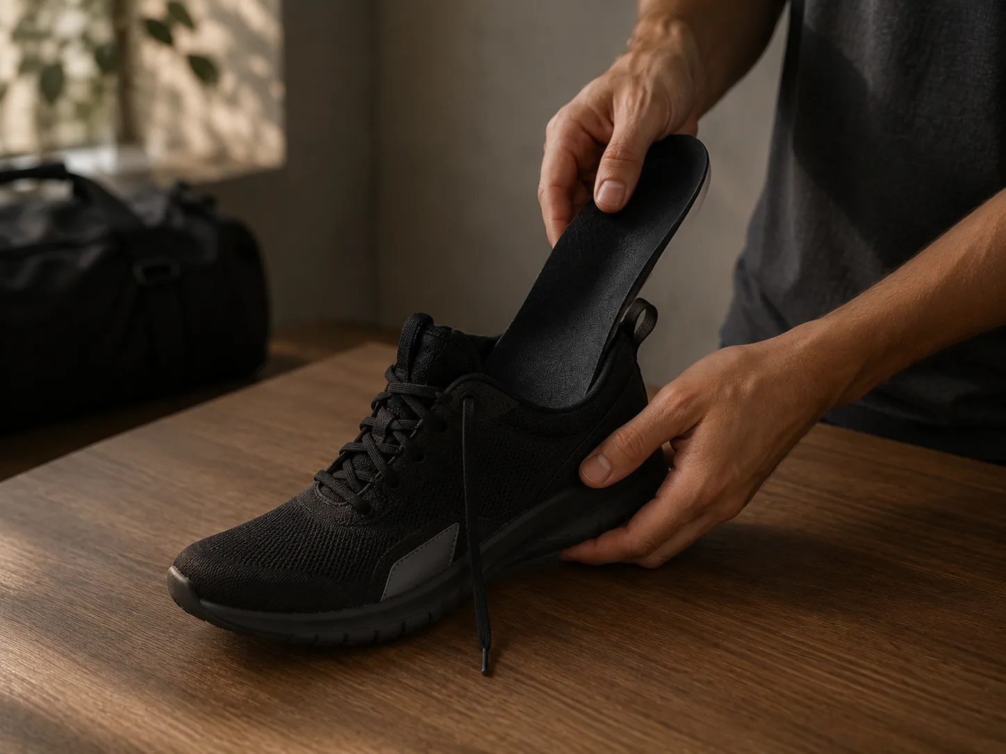 A customer placing their finished Mercuro insole into a running shoe, ready to wear